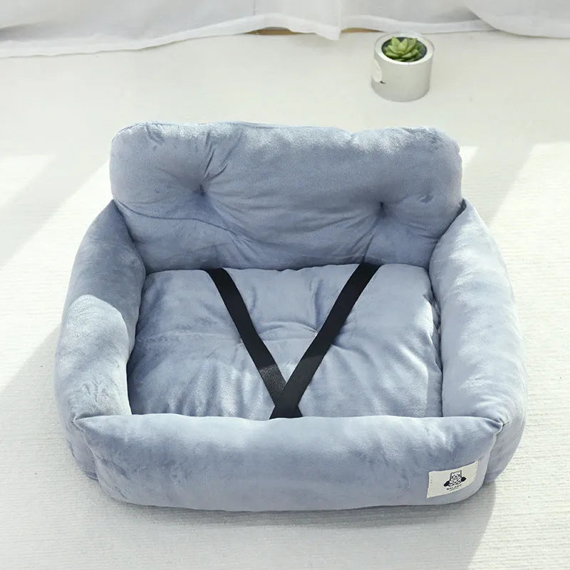 Grey and blue plaid stain-resistant cloth dog car nest in small and large sizes.