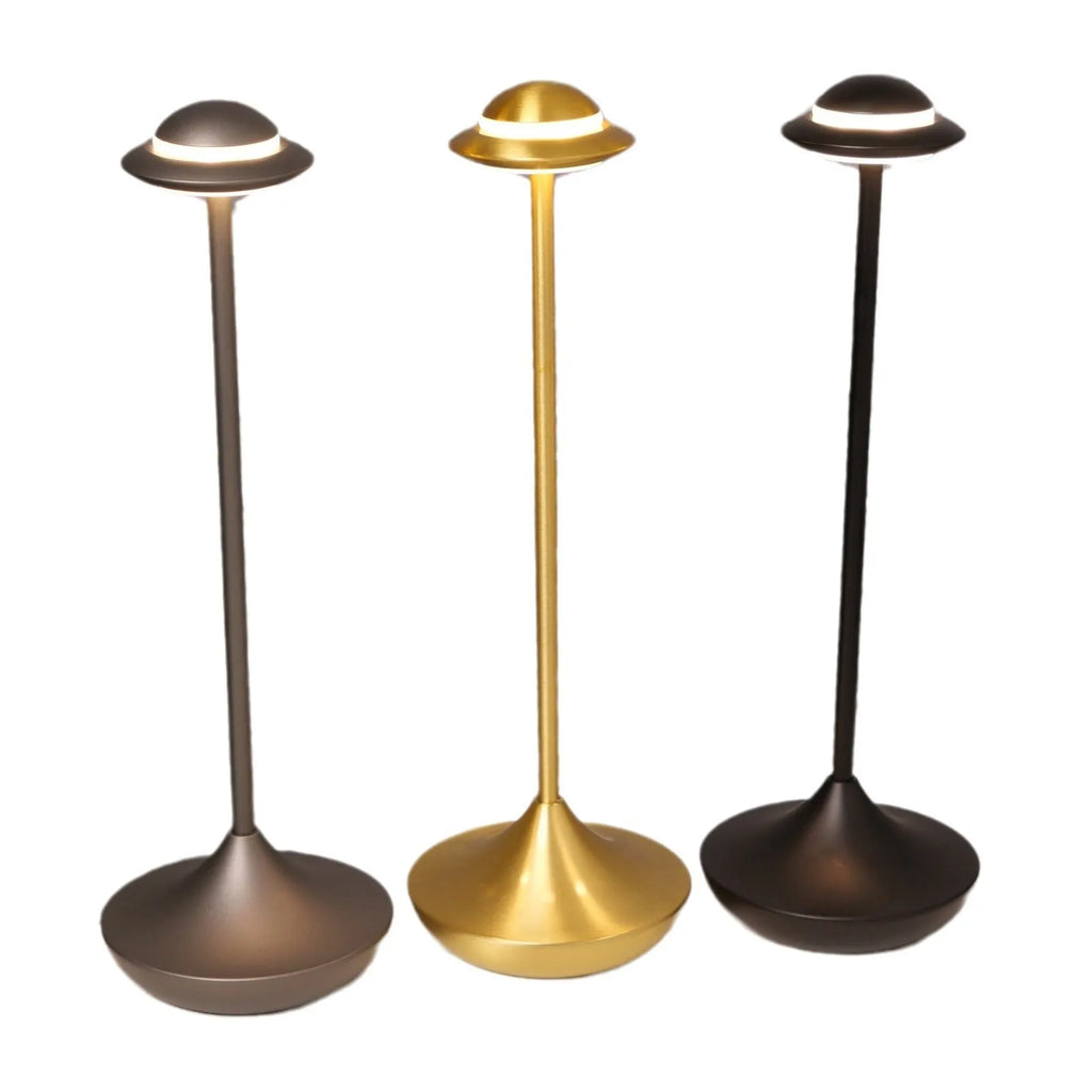 UFO-shaped metal table lamp with touch controls in black, gold or grey colour options
