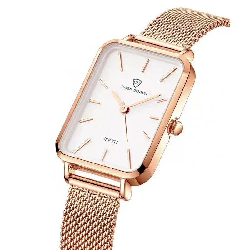 Women's rose gold or silver waterproof quartz watch with woven steel band and alloy case.