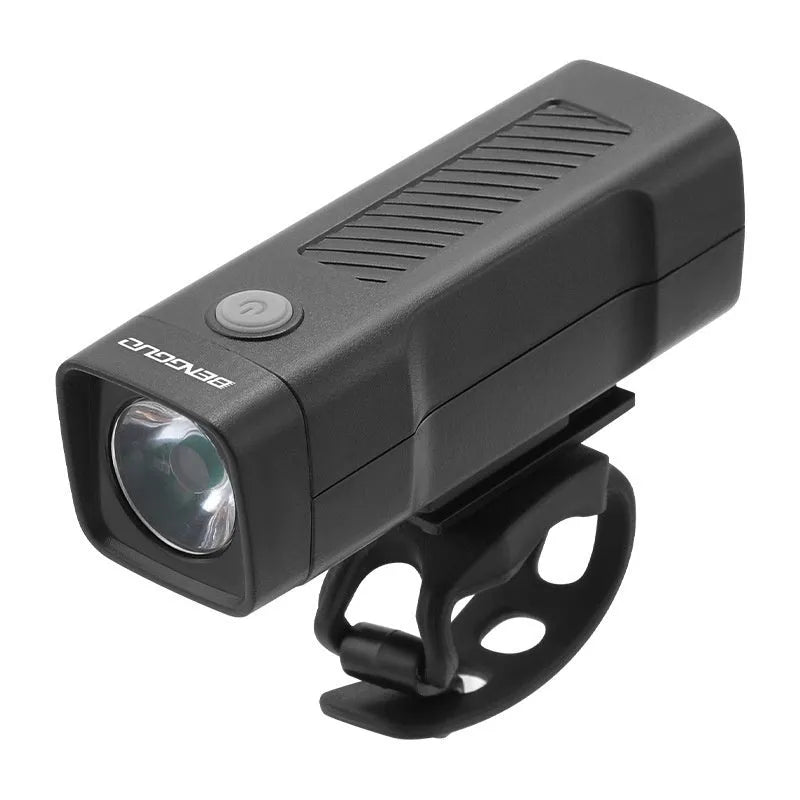 Bicycle headlight with LED light source and quick release strap bracket for handlebar mounting