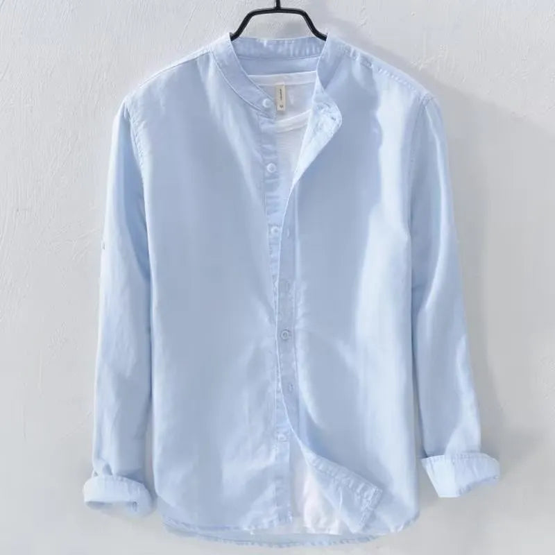 Loose fit men's casual shirt in cotton linen blend fabric showing long sleeves and solid colour options