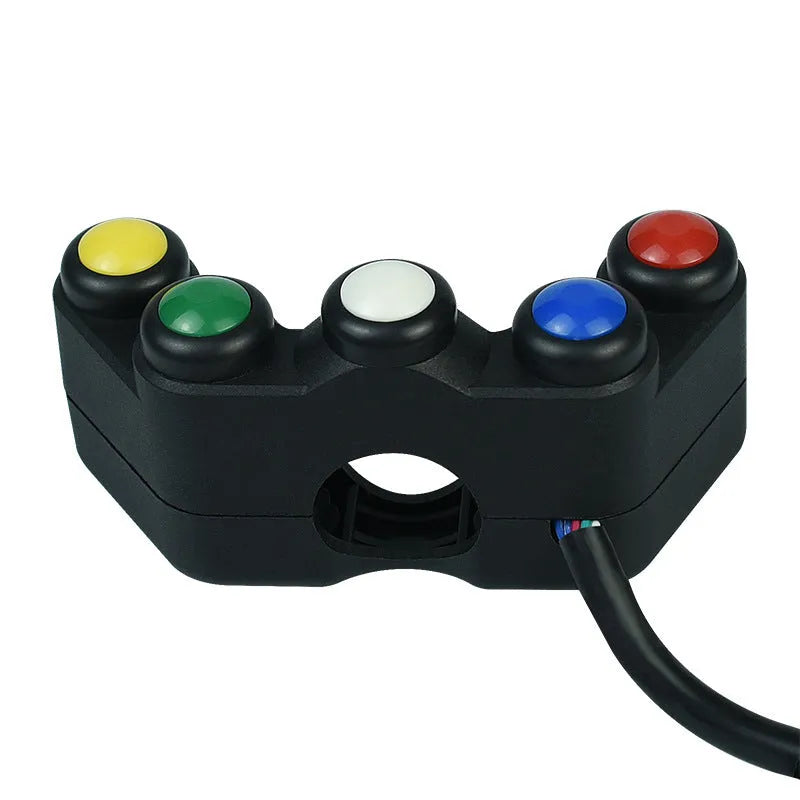 Plastic five-position toggle switch with coloured buttons for motorcycle electrical accessories.