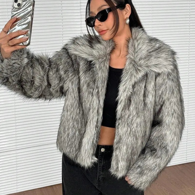 Artificial fox fur coat with fur collar in multiple colour options showing plush texture and winter styling