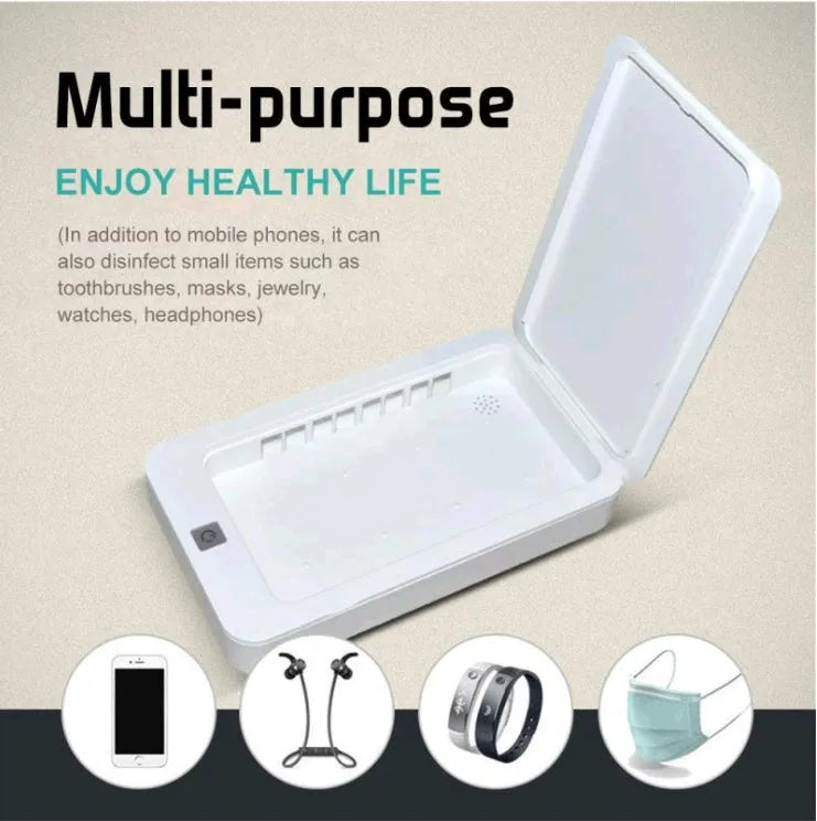 Blue UV mobile phone steriliser unit with open lid showing internal purple light and space for a smartphone.