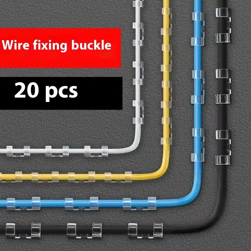Transparent plastic self-adhesive cable management clips in four sizes on a white background.