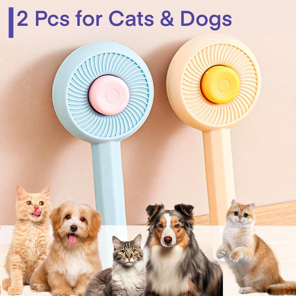 Blue and yellow pet grooming brush with metal pins and a self-cleaning button on the handle.