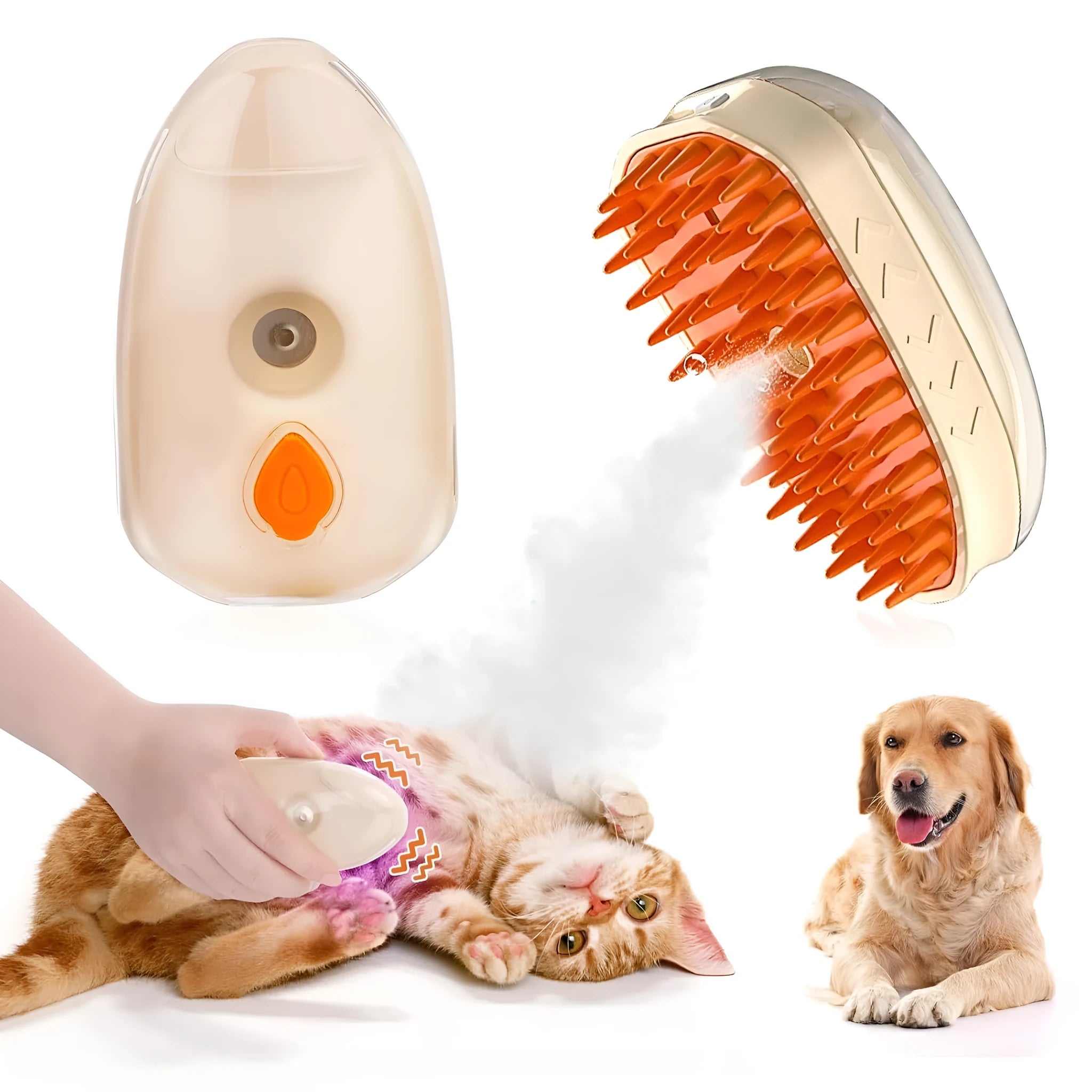 Yellow 4-in-1 cat steam brush with ringworm detector, water reservoir, and silicone grooming teeth