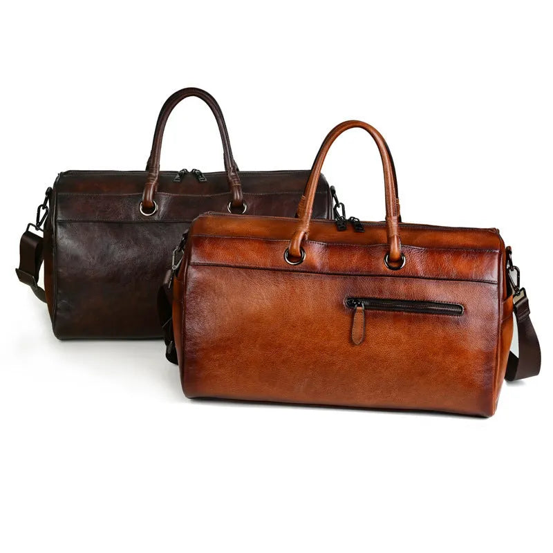 Retro leather travel bag handmade from first layer cowhide with 20L capacity