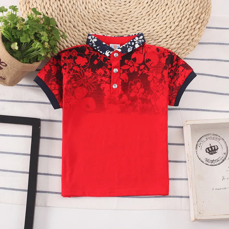 Boy's short sleeve cotton t-shirt in solid colour with lapel collar.