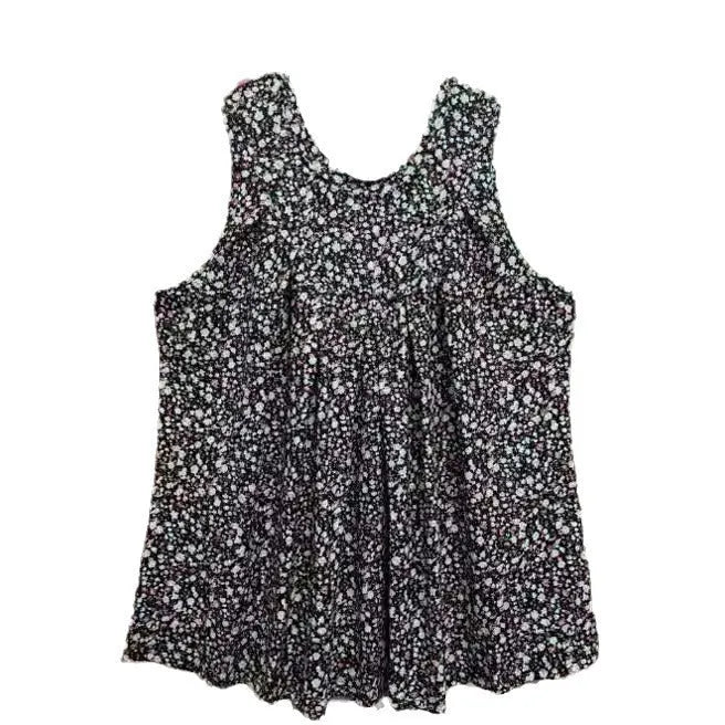 Plus size women's floral print sleeveless vest in loose fit, shown in black and khaki.