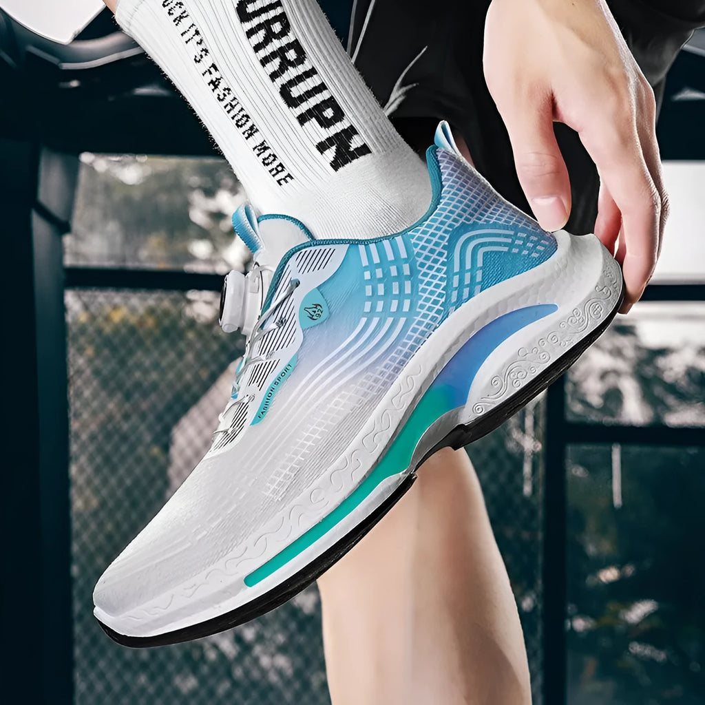 Men's low-top mesh sneaker with rotating buckle closure in black and blue colourway
