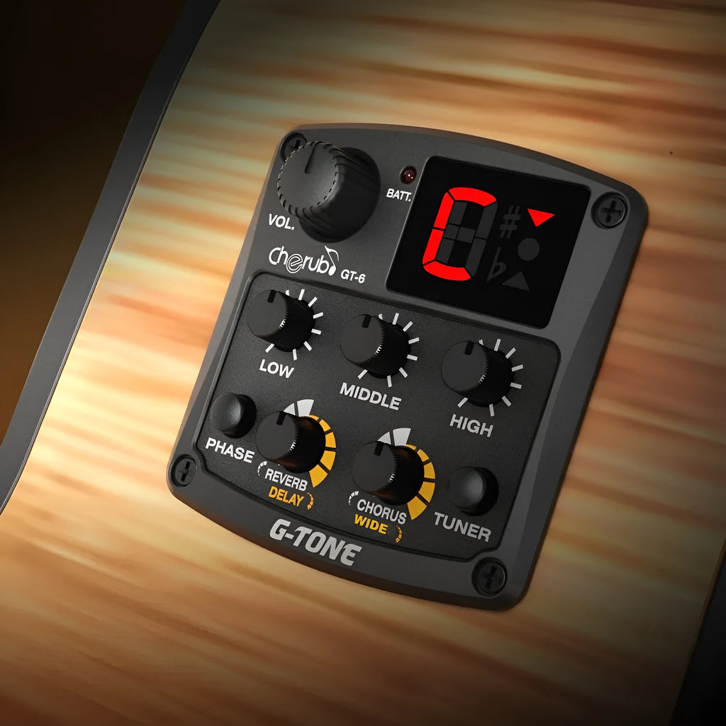 Black Cherub GT-6 acoustic guitar preamp with EQ and effects knobs for soundhole mounting.