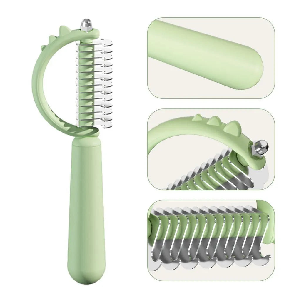 Blue dinosaur-shaped cat brush with self-cleaning button and stainless steel pins