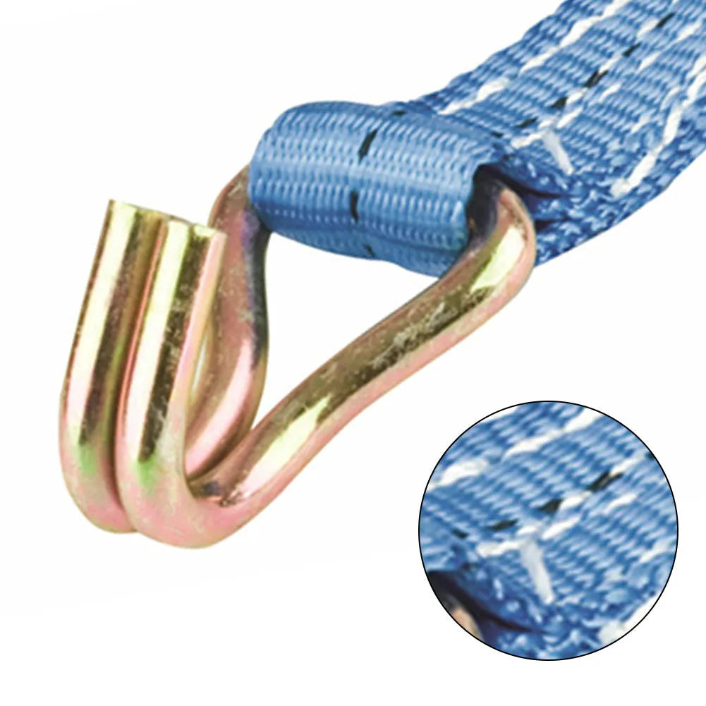 Steel ratchet tensioner with double hooks on a grey polyester strap for securing cargo.