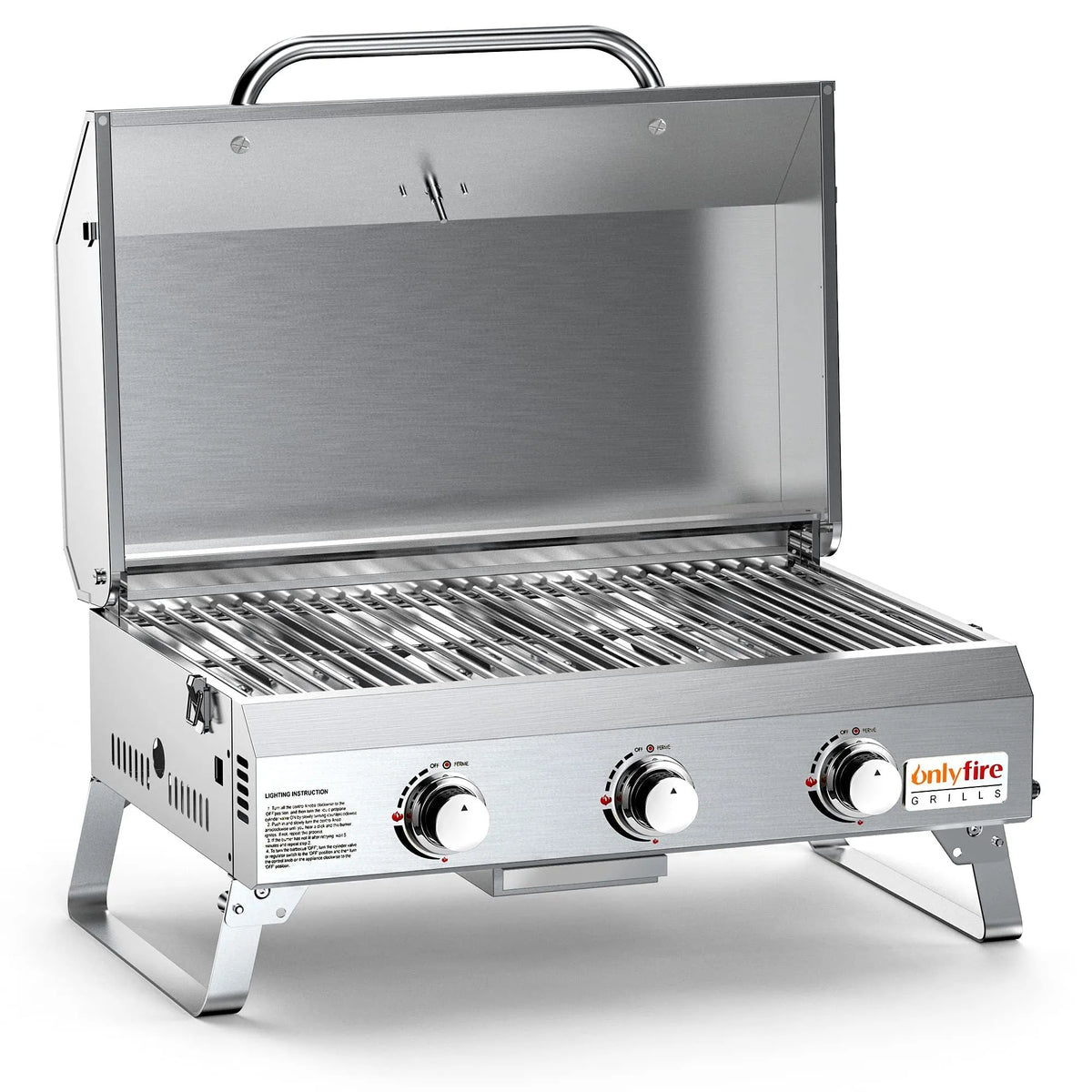 Silver stainless steel desktop gas barbecue grill with three burners and foldable legs.