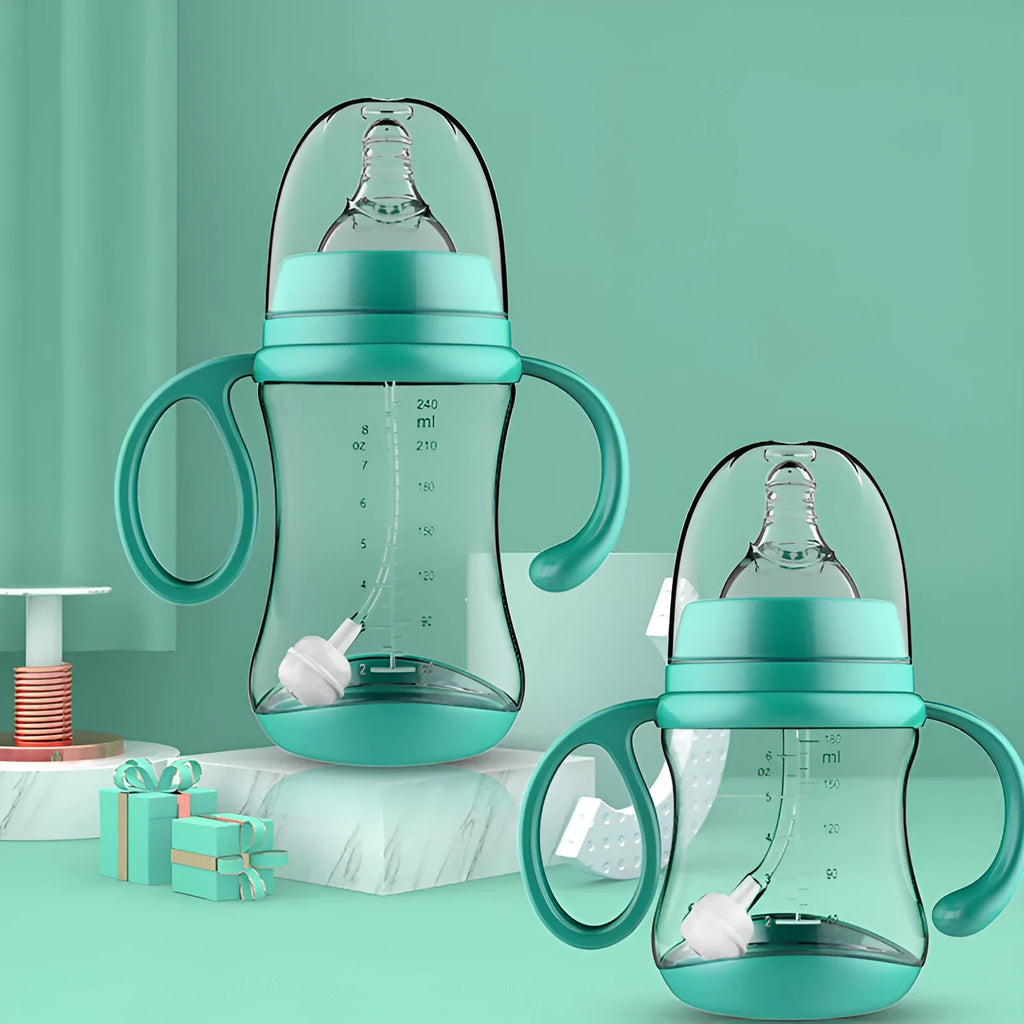 BPA-free PP baby feeding bottle with double handle and wide caliber, available in 180mL, 240mL and 300mL
