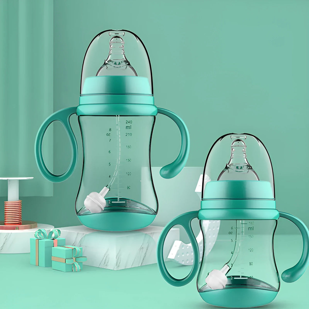 BPA-free PP baby feeding bottle with double handle and wide caliber, available in 180mL, 240mL and 300mL