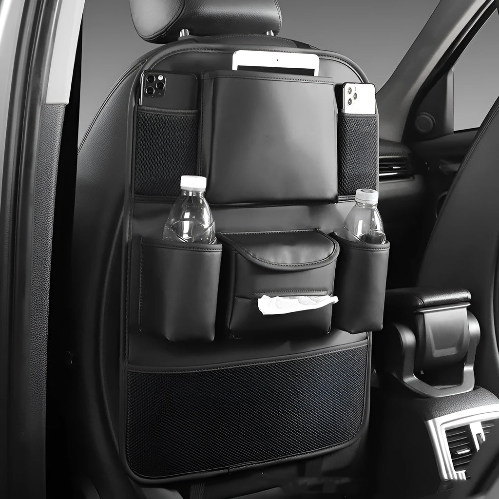 Leather car seat back storage organiser in black, grey, green, or brown colours