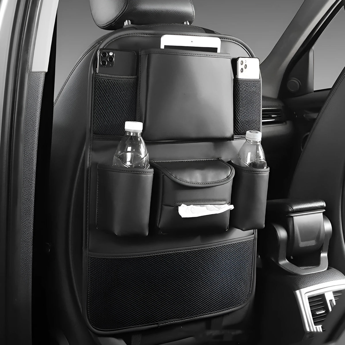 Leather car seat back storage organiser in black, grey, green, or brown colours