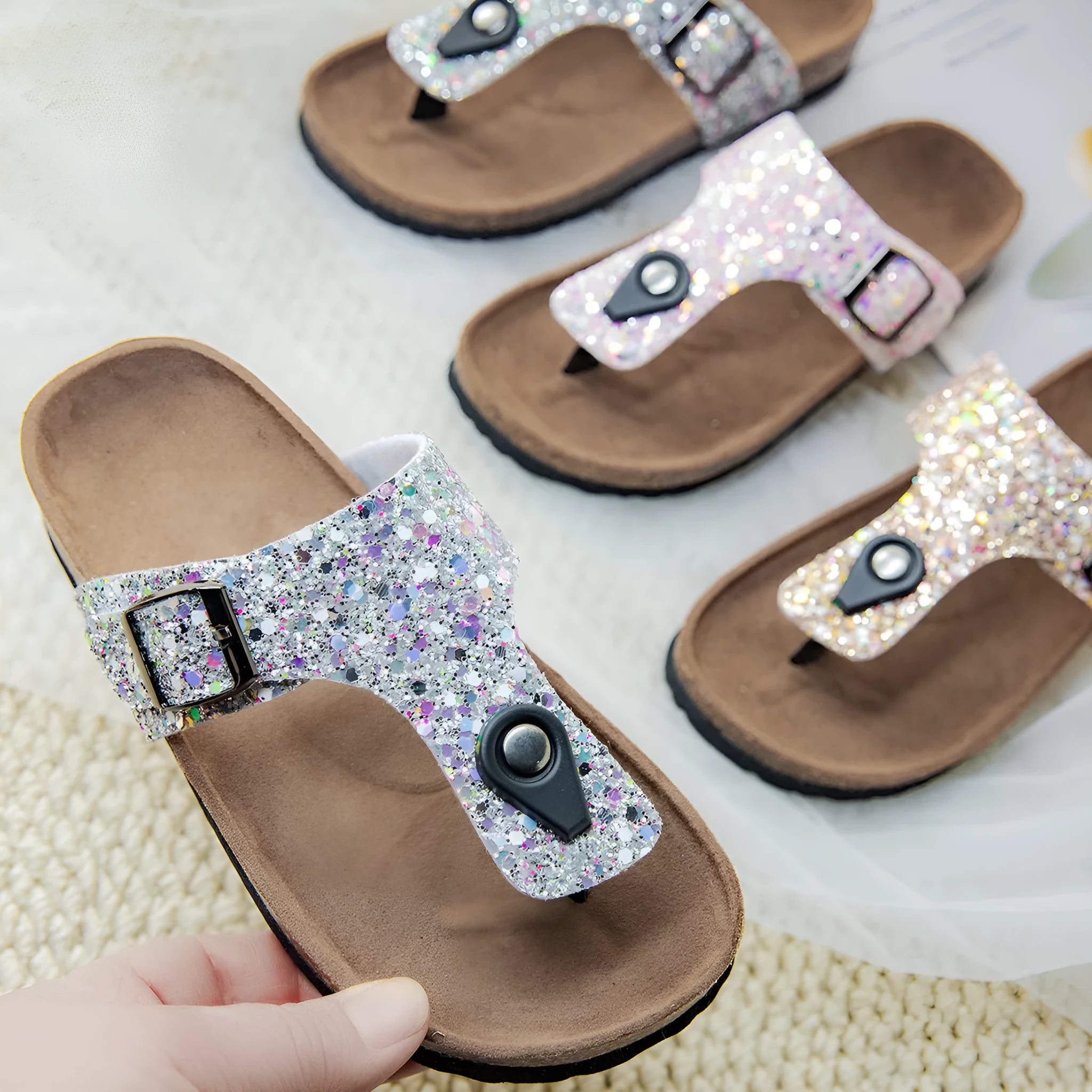 Cork flip-flops couples shoes with frosted artificial leather uppers and PVC soles