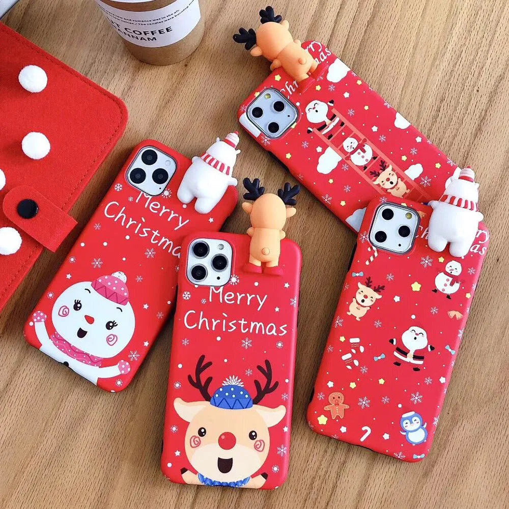 Christmas design silicone back cover case for various iPhone models on a red background.