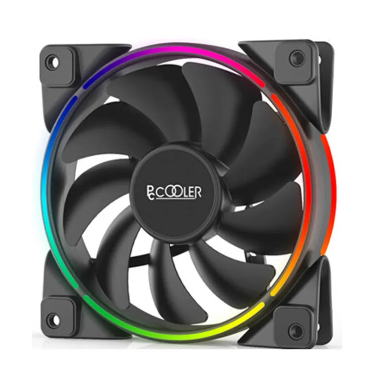 Set of three black 12cm PC case fans with illuminated RGB lighting on the blades.