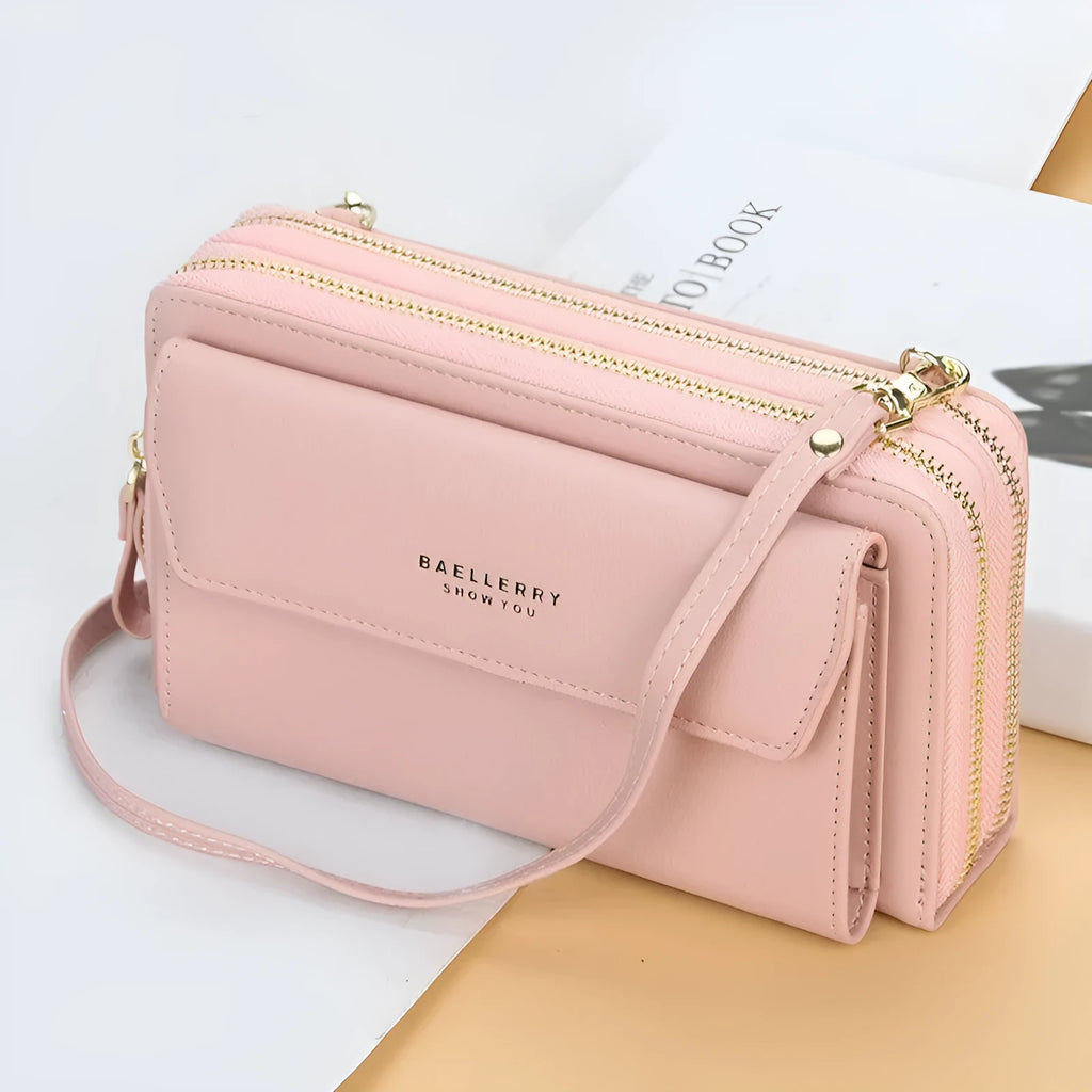 Ladies long wallet crossbody bag in soft PU leather with double zipper closure in six colour options