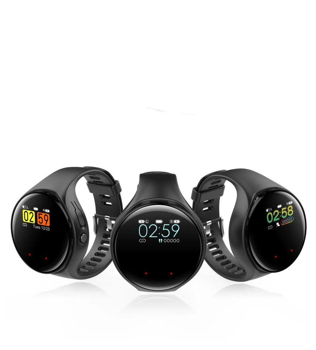 Black detachable smart watch and Bluetooth earphone combo for fitness tracking and calls.