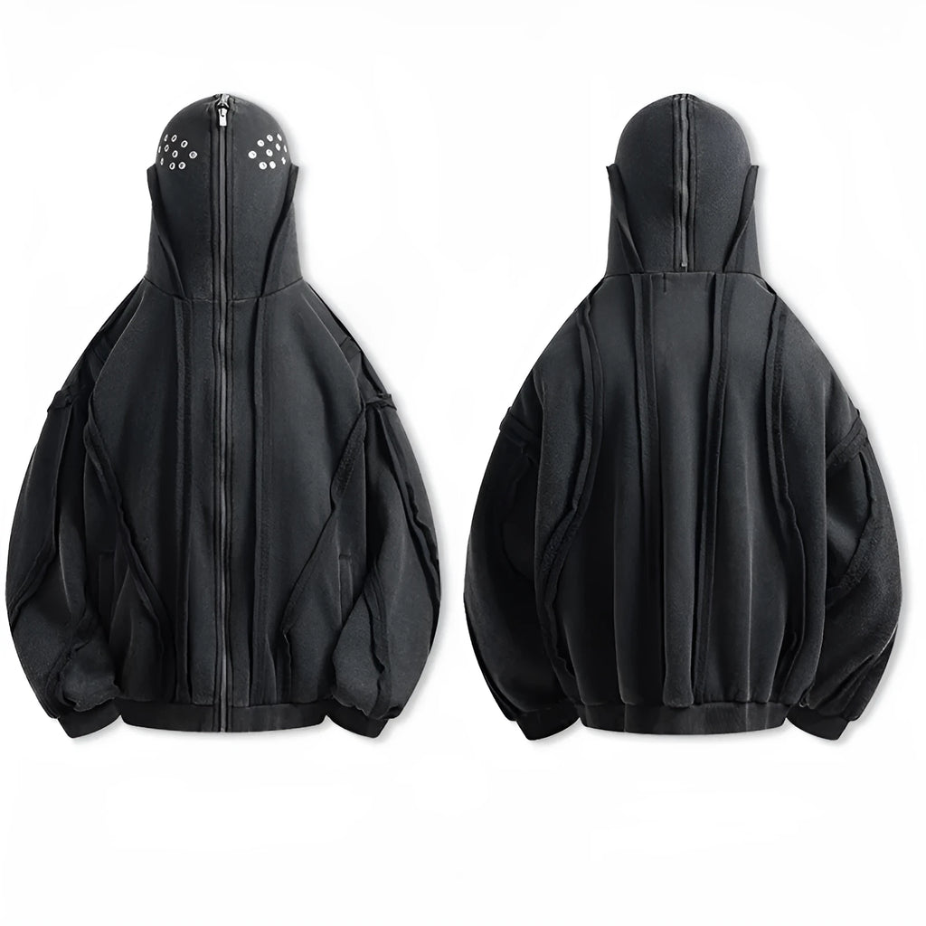 Black cotton hooded coat with zip front, abstract pattern and loose fit