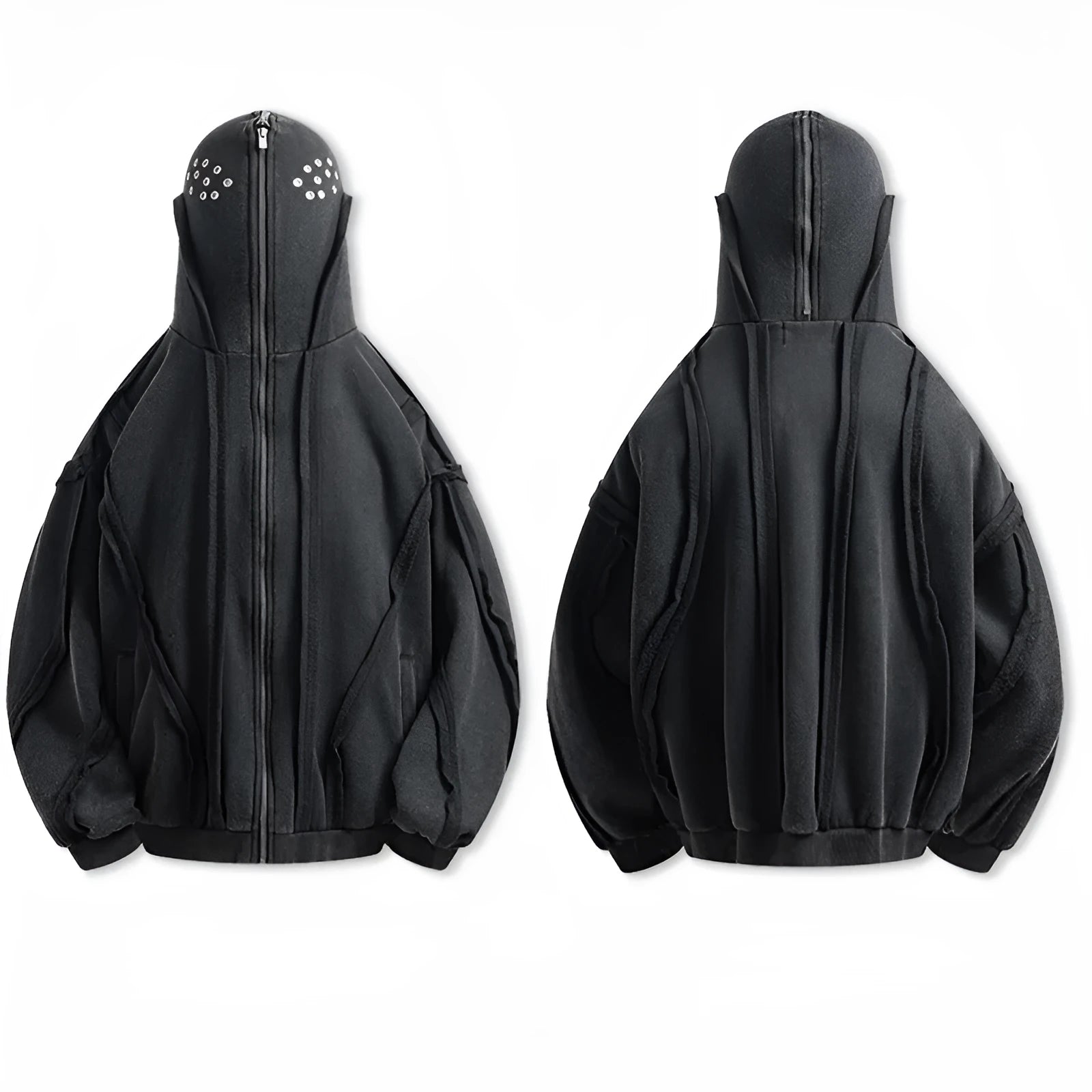 Black cotton hooded coat with zip front, abstract pattern and loose fit
