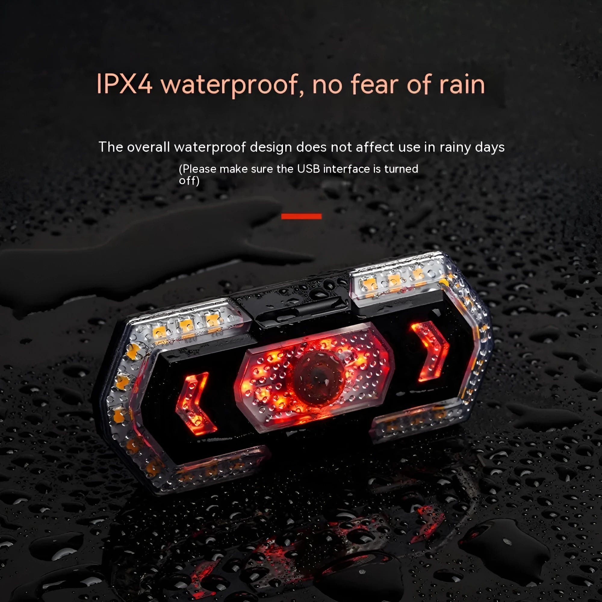 Black wireless remote control LED car taillight with USB charging port showing waterproof construction