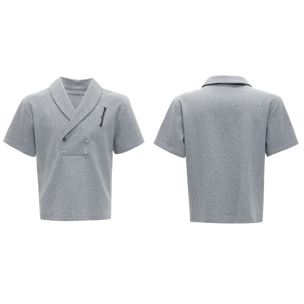 Men's dark grey cotton sports suit with padded shoulders, metal embellishments, V-neck, and matching shorts