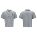 Men's dark grey cotton sports suit with padded shoulders, metal embellishments, V-neck, and matching shorts