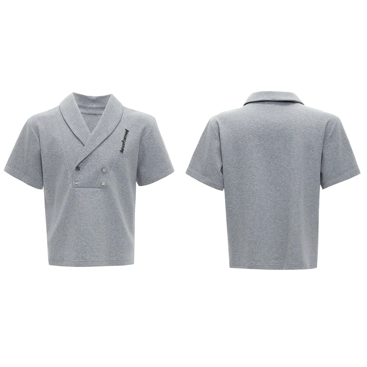 Men's dark grey cotton sports suit with padded shoulders, metal embellishments, V-neck, and matching shorts
