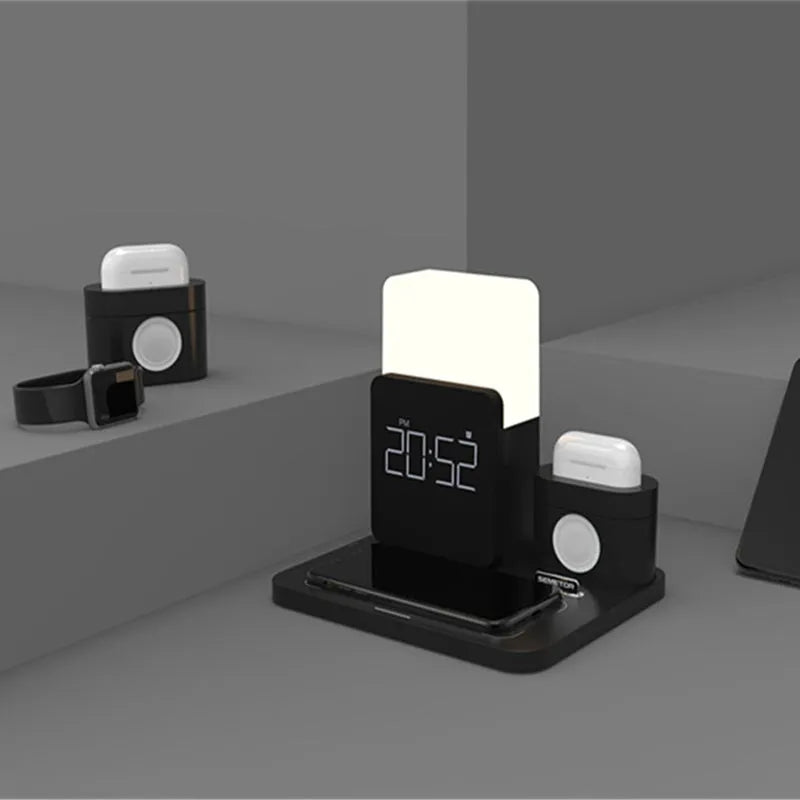 3-in-1 Qi wireless charging stand showing phone and AirPod charging simultaneously