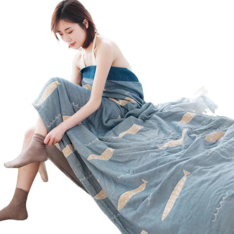 Thickened five-layer gauze pure cotton bed sheet blanket in Roulette Wheel Blue pattern showing modern simplicity design