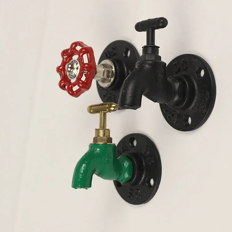 Metal wall hanging hook with water pipe design in choice of black, green, or red finish.