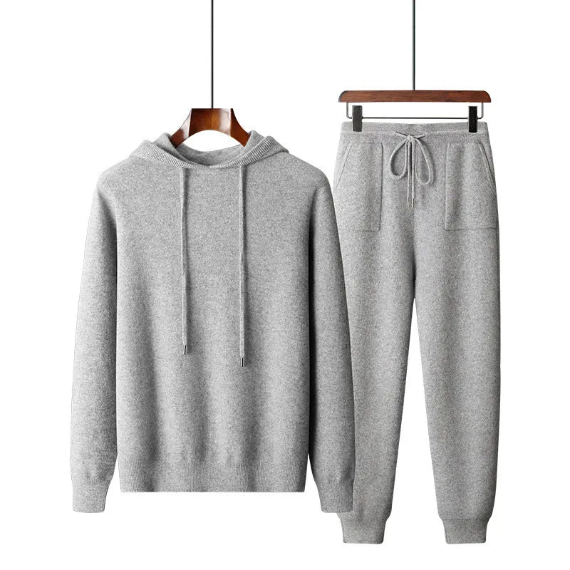Men's light gray cashmere hooded sweatshirt and matching trousers casual winter set