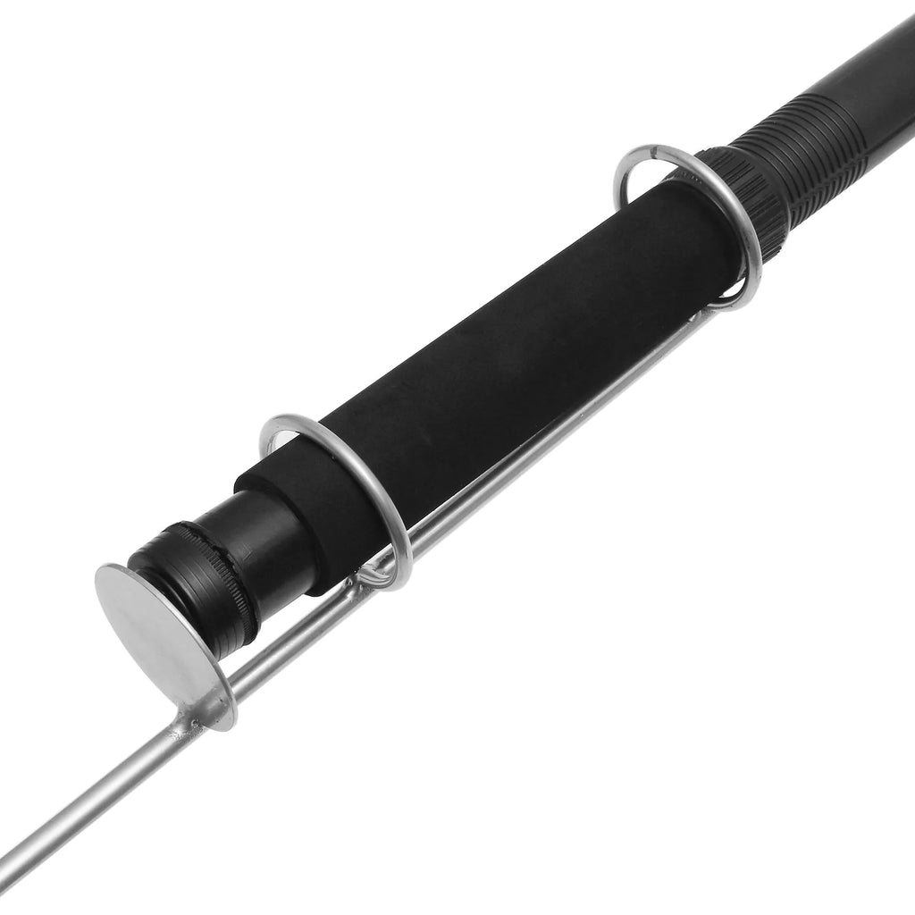 White LED fishing rod light unit with remote control next to extended telescopic pole