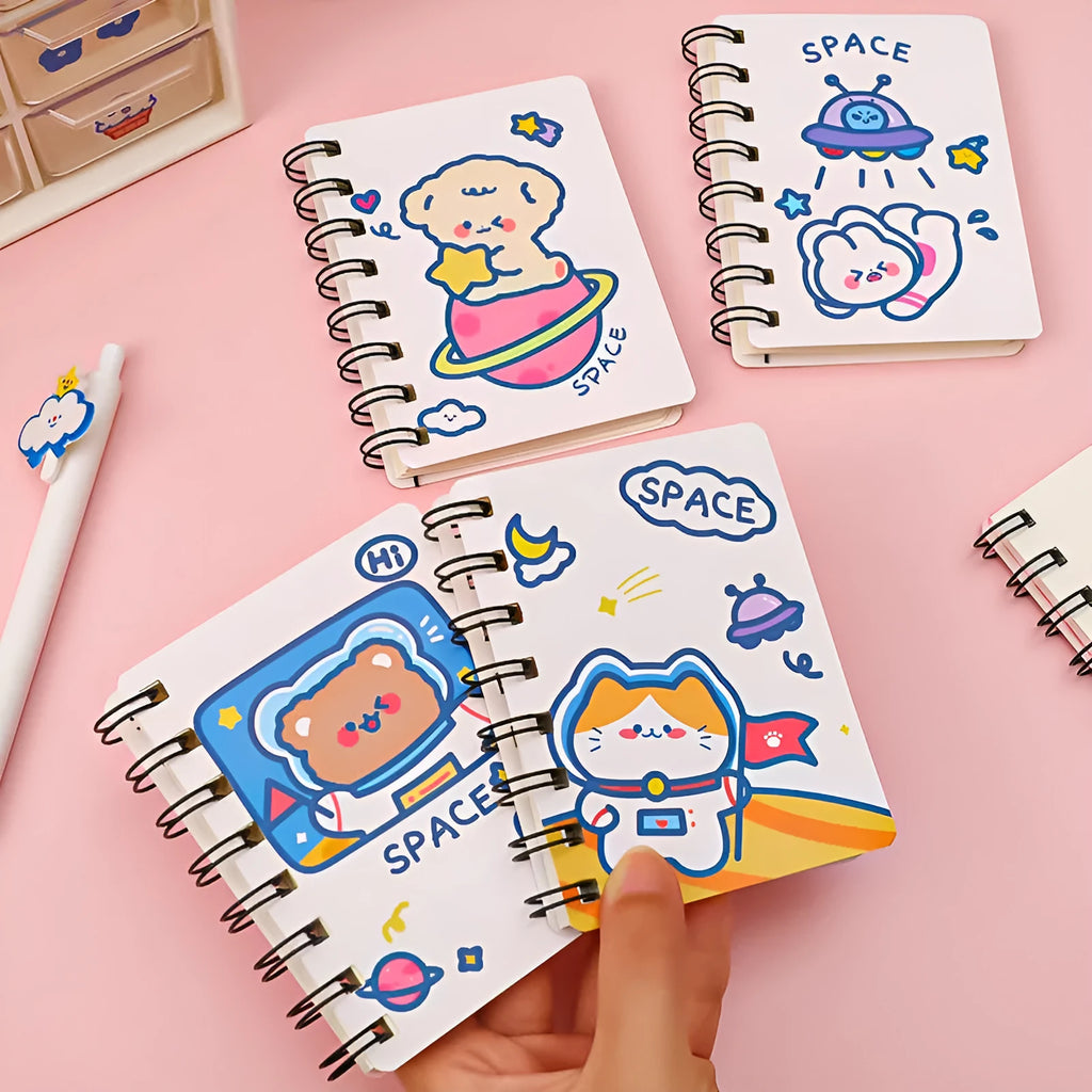 Astronaut themed A5 flipped pocket notebook showing cover design choice and size.