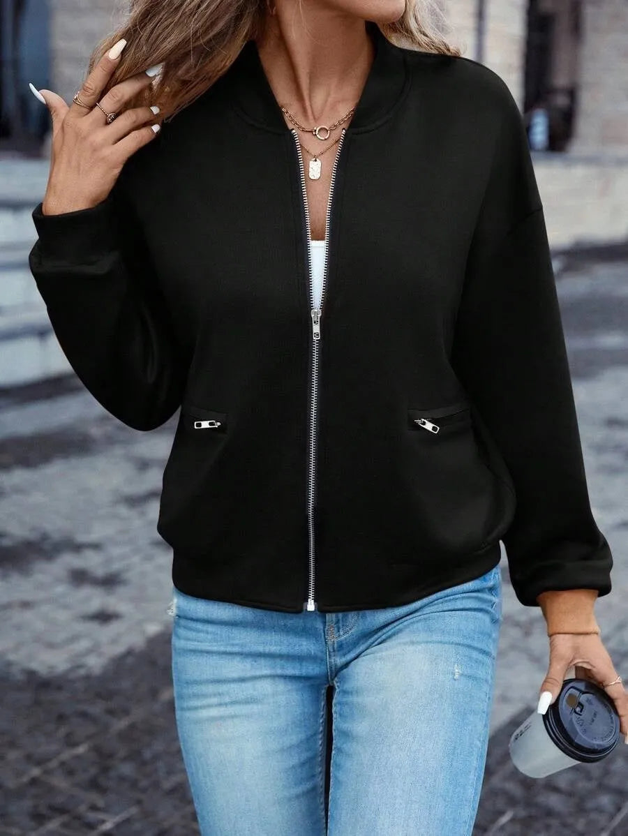Black women's casual zip-front jacket with long sleeves for autumn and winter wear