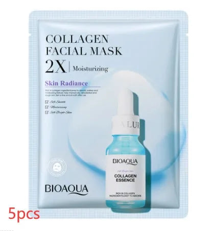 Single-use facial sheet mask with gel serum, shown in Centella, Collagen, Hyaluronic Acid or Vitamin C variants.