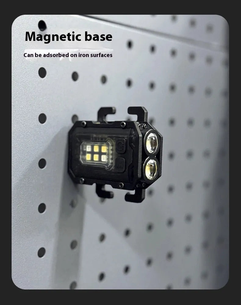 Portable tactical mini warning flashlight with a black housing, showing the LED lens, a side mounting clip, and an included USB charging cable.