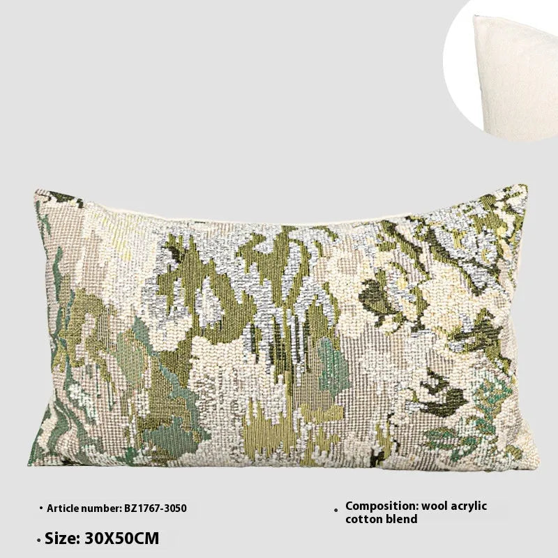 Chinese style decorative pillow with spring flowers botanical pattern on antique green wool blend fabric