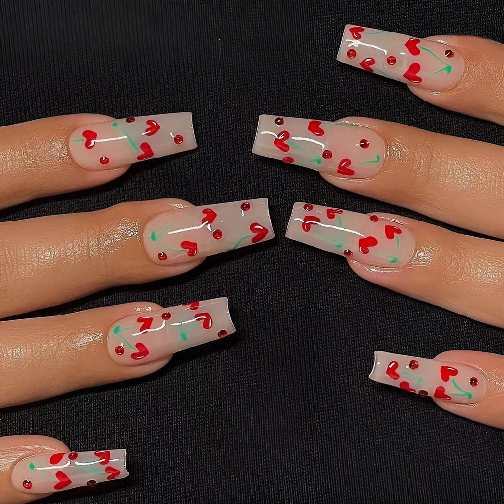 French Love red diamond and cherry design artificial nail tips with glue tube