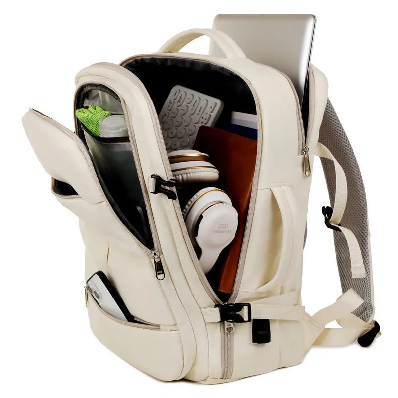 Large waterproof Oxford cloth backpack with multiple pockets, shown in one of five colours, holding a 15.6 inch laptop.