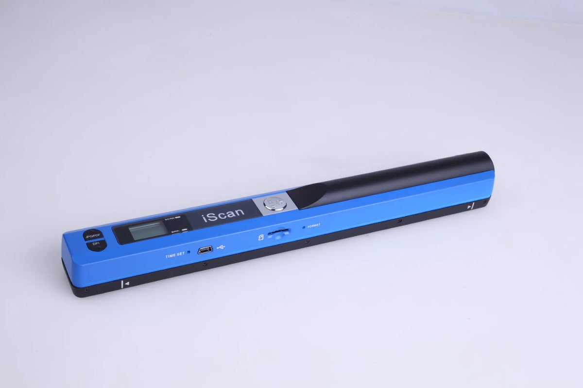 Handheld plastic scanner showing available colour options including black, blue, green, red, and silver finishes