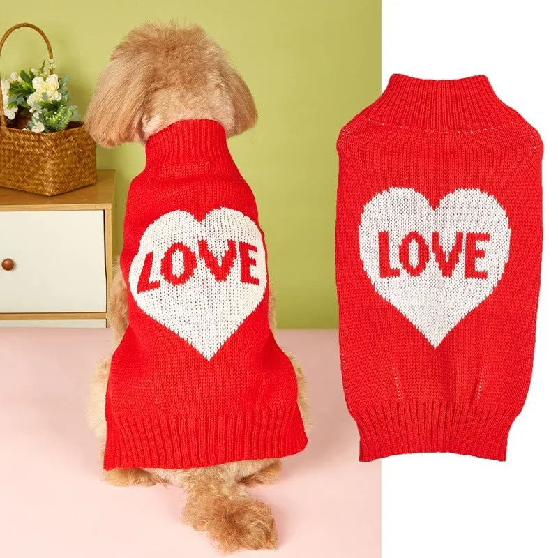 Red love heart and pink bow design on an acrylic dog sweater for small to large pets.