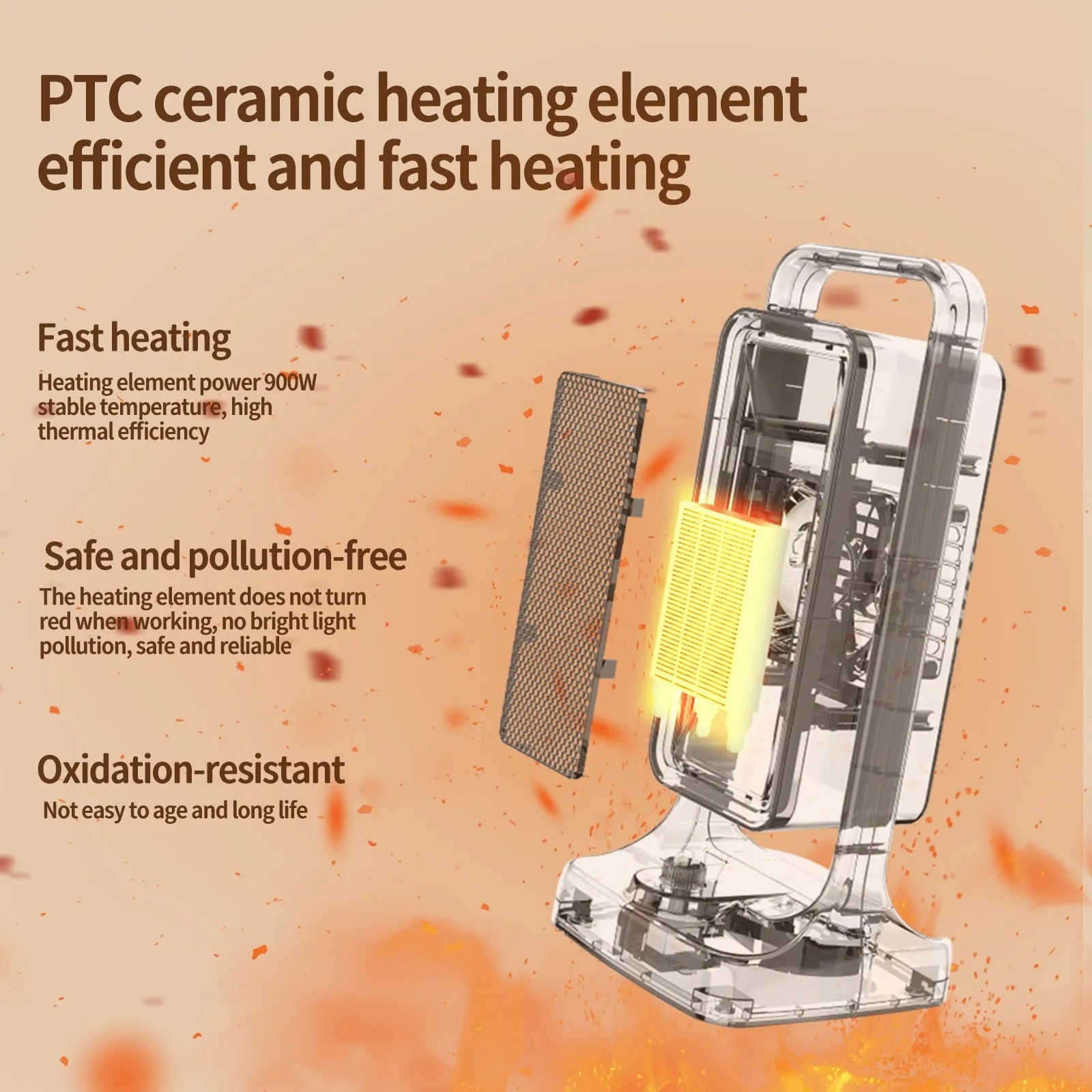 Black PTC ceramic desktop heater with adjustable power settings and three-speed fan for rooms up to 20 square metres