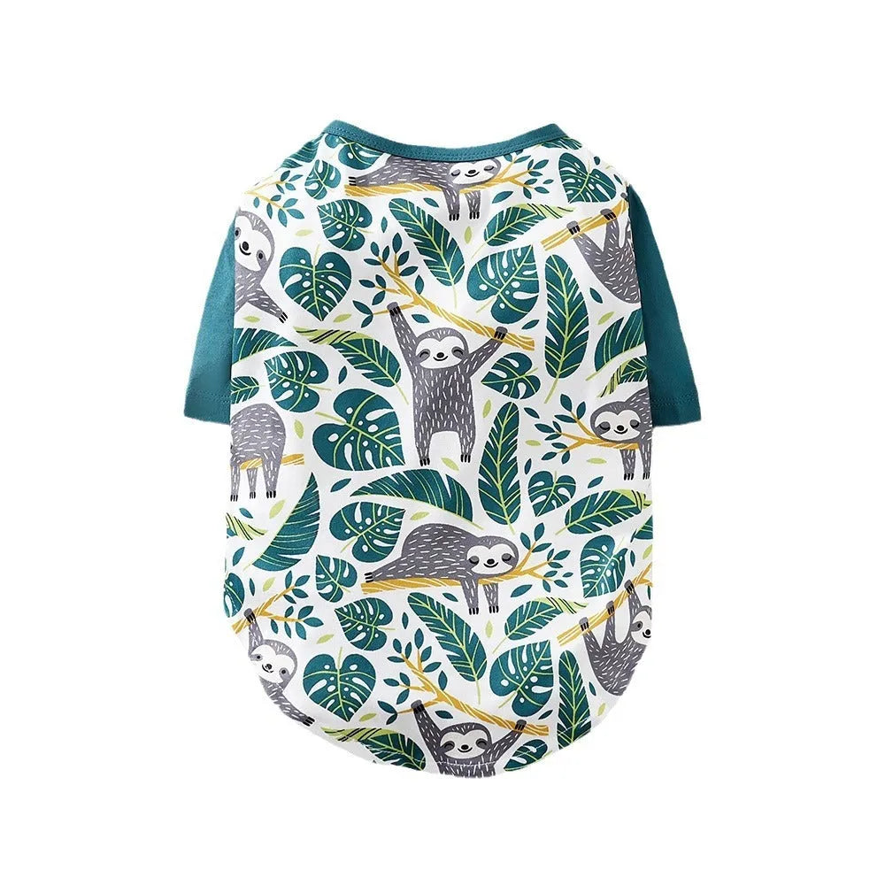 Small dog wearing full-print polyester t-shirt in casual style for spring or autumn